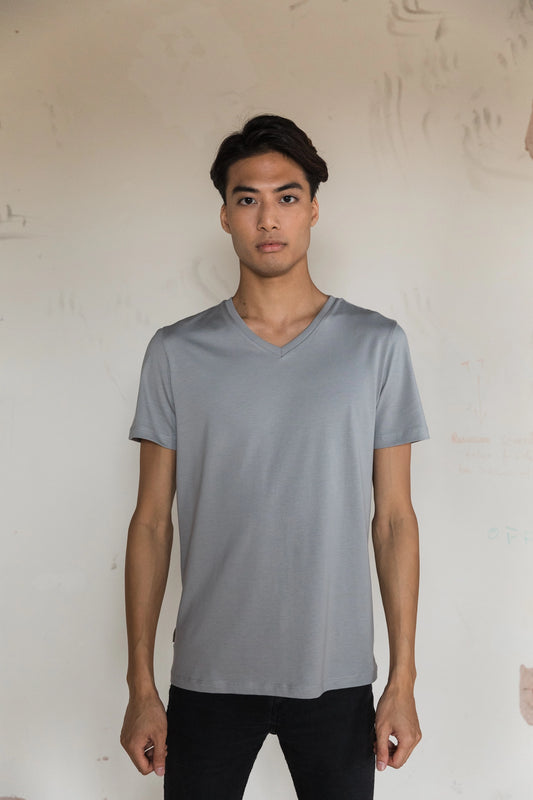 STPL grey Pima cotton V-neck t-shirt – ethically made, ultra-soft fabric with a comfortable fit, perfect for versatile, everyday style