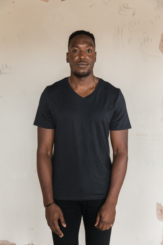 STPL black pima cotton V-neck t-shirt – ethically made, ultra-soft fabric with a comfortable fit, perfect for versatile, everyday style
