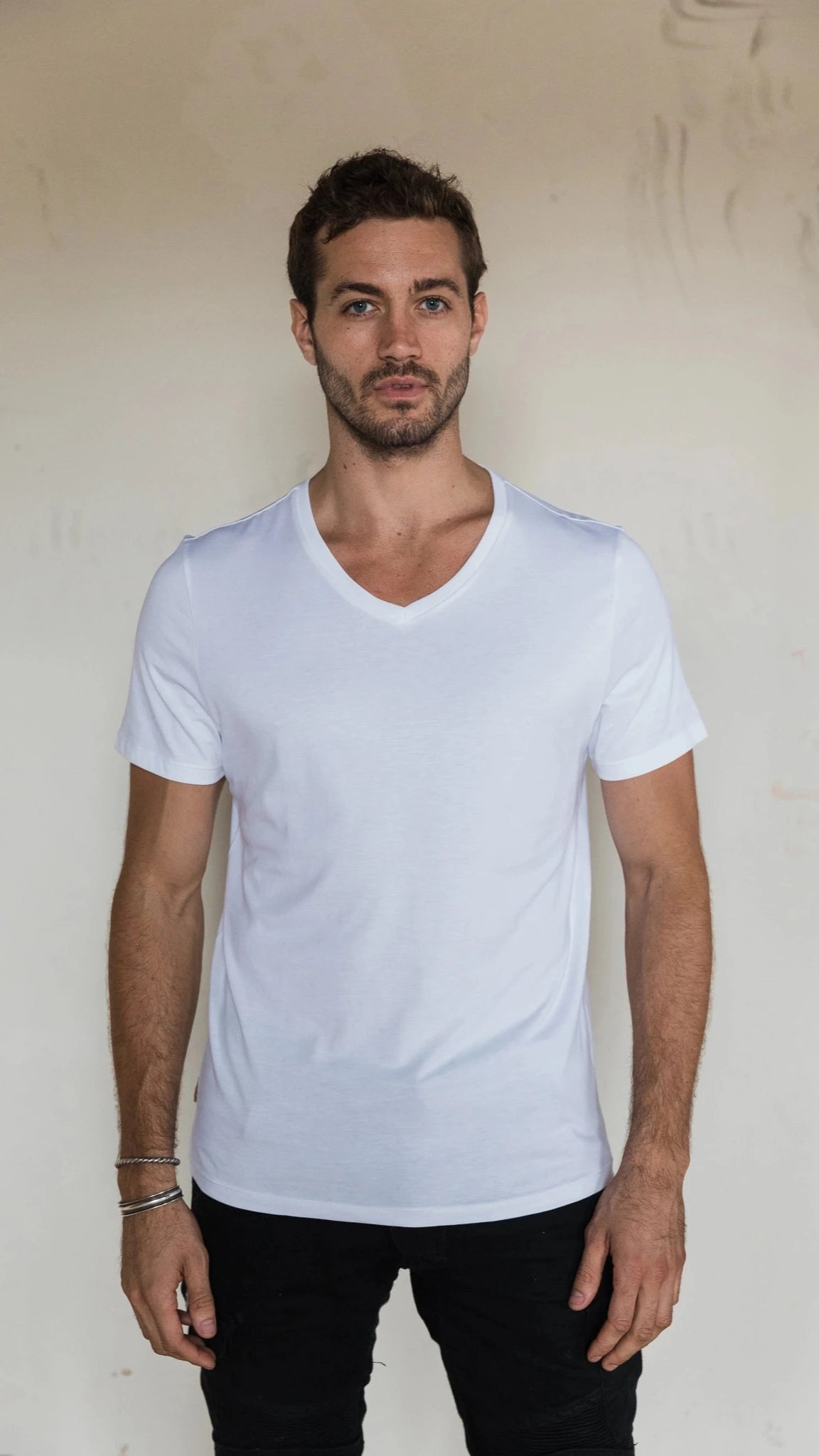 STPL white Pima cotton V-neck t-shirt – ethically made, ultra-soft fabric with a comfortable fit, perfect for versatile, everyday style