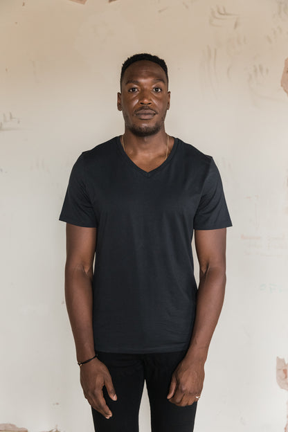 STPL black pima cotton V-neck t-shirt – ethically made, ultra-soft fabric with a comfortable fit, perfect for versatile, everyday style